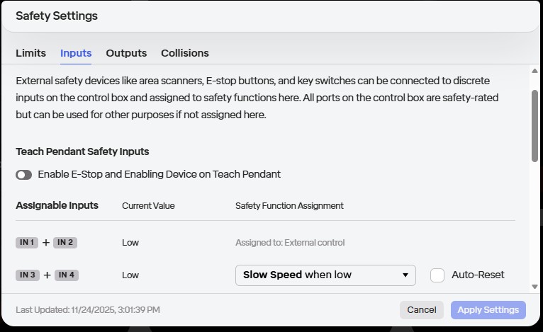 Safety Input Settings