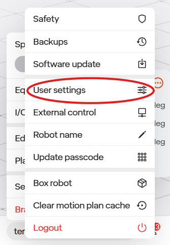 Robot settings menu